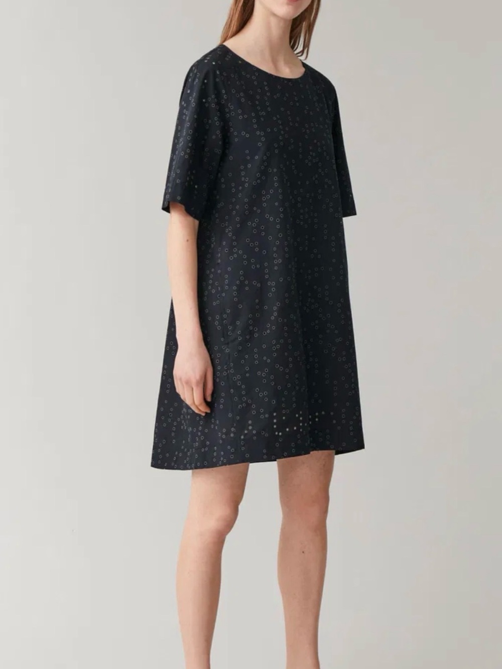 COS Dark Navy Cotton Eyelet Shift Dress Size 4 Oversized Minimalist